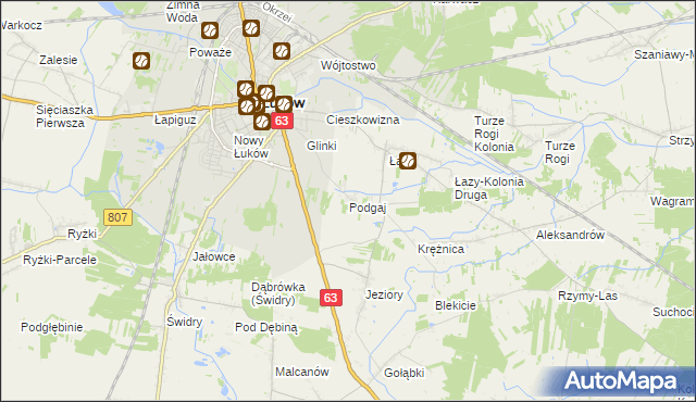 mapa Podgaj gmina Łuków, Podgaj gmina Łuków na mapie Targeo