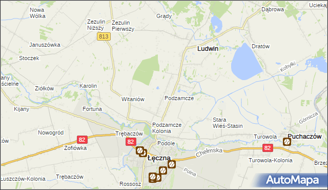 mapa Podzamcze gmina Łęczna, Podzamcze gmina Łęczna na mapie Targeo