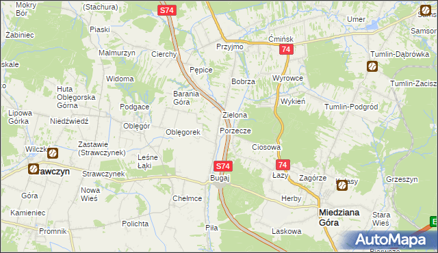 mapa Porzecze gmina Miedziana Góra, Porzecze gmina Miedziana Góra na mapie Targeo