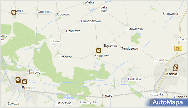 mapa Rokosowo gmina Poniec, Rokosowo gmina Poniec na mapie Targeo