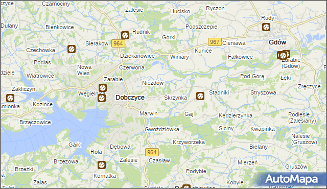 mapa Skrzynka gmina Dobczyce, Skrzynka gmina Dobczyce na mapie Targeo