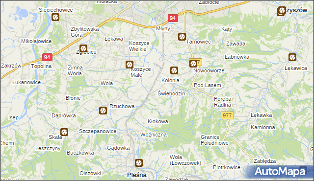 mapa Świebodzin gmina Pleśna, Świebodzin gmina Pleśna na mapie Targeo