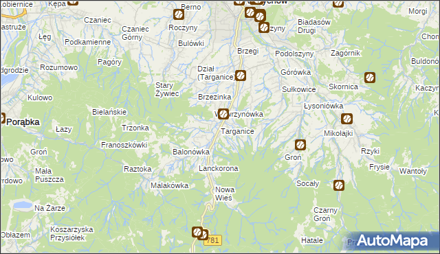 mapa Targanice, Targanice na mapie Targeo