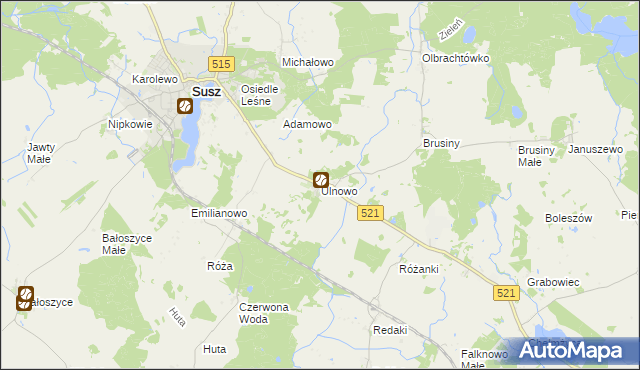 mapa Ulnowo gmina Susz, Ulnowo gmina Susz na mapie Targeo