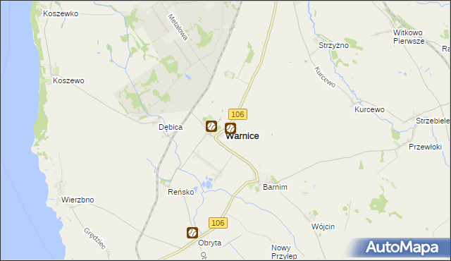 mapa Warnice powiat pyrzycki, Warnice powiat pyrzycki na mapie Targeo