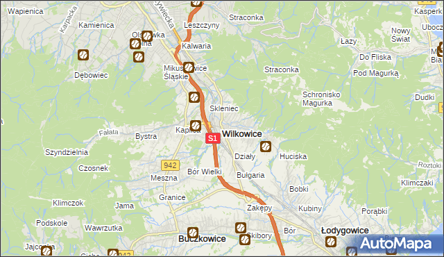 mapa Wilkowice powiat bielski, Wilkowice powiat bielski na mapie Targeo