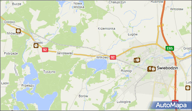 mapa Wilkowo gmina Świebodzin, Wilkowo gmina Świebodzin na mapie Targeo