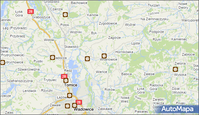 mapa Witanowice gmina Tomice, Witanowice gmina Tomice na mapie Targeo