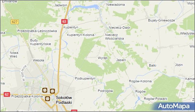 mapa Wyrąb gmina Sokołów Podlaski, Wyrąb gmina Sokołów Podlaski na mapie Targeo