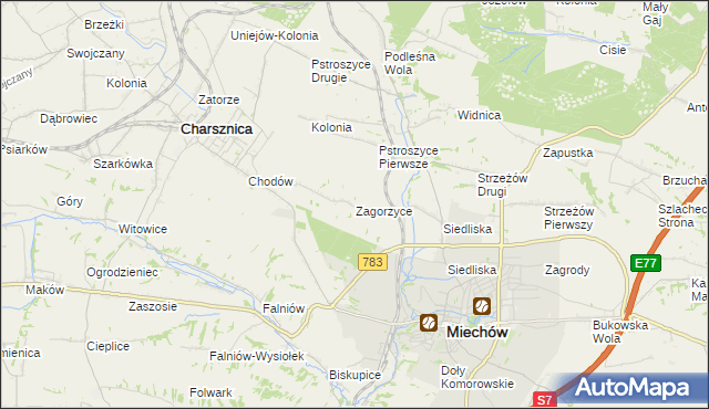 mapa Zagorzyce gmina Miechów, Zagorzyce gmina Miechów na mapie Targeo