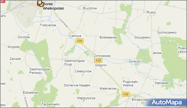 mapa Zimnowoda gmina Borek Wielkopolski, Zimnowoda gmina Borek Wielkopolski na mapie Targeo