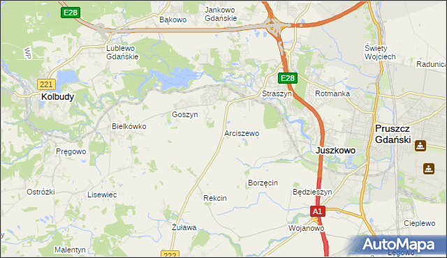 mapa Arciszewo gmina Pruszcz Gdański, Arciszewo gmina Pruszcz Gdański na mapie Targeo