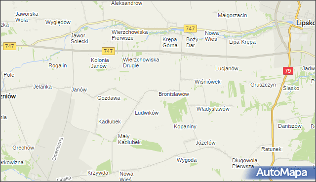 mapa Bronisławów gmina Sienno, Bronisławów gmina Sienno na mapie Targeo