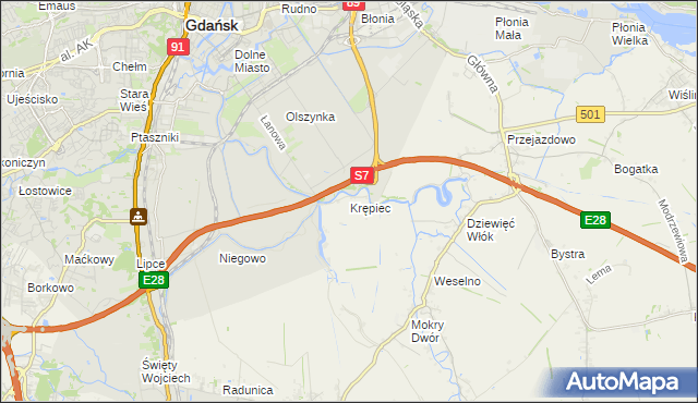 mapa Krępiec gmina Pruszcz Gdański, Krępiec gmina Pruszcz Gdański na mapie Targeo