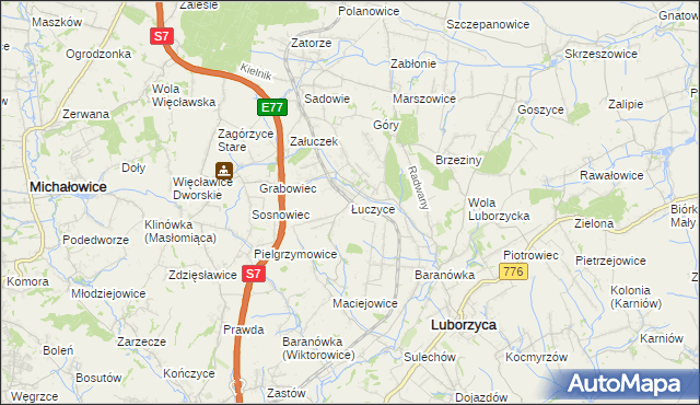mapa Łuczyce gmina Kocmyrzów-Luborzyca, Łuczyce gmina Kocmyrzów-Luborzyca na mapie Targeo