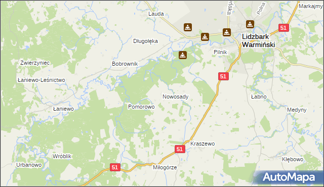 mapa Nowosady gmina Lidzbark Warmiński, Nowosady gmina Lidzbark Warmiński na mapie Targeo
