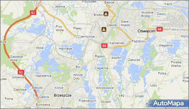 mapa Rajsko gmina Oświęcim, Rajsko gmina Oświęcim na mapie Targeo
