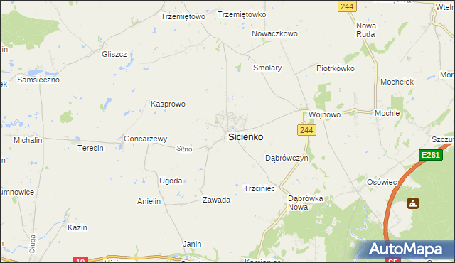 mapa Sicienko powiat bydgoski, Sicienko powiat bydgoski na mapie Targeo