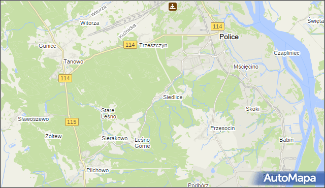 mapa Siedlice gmina Police, Siedlice gmina Police na mapie Targeo