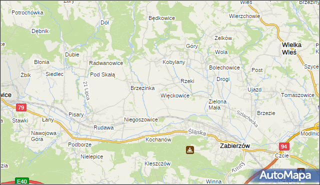mapa Więckowice gmina Zabierzów, Więckowice gmina Zabierzów na mapie Targeo