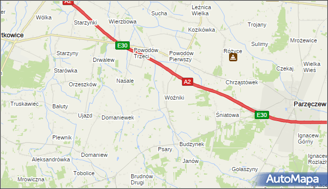 mapa Woźniki gmina Dalików, Woźniki gmina Dalików na mapie Targeo