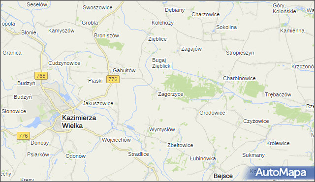mapa Zagórzyce gmina Kazimierza Wielka, Zagórzyce gmina Kazimierza Wielka na mapie Targeo