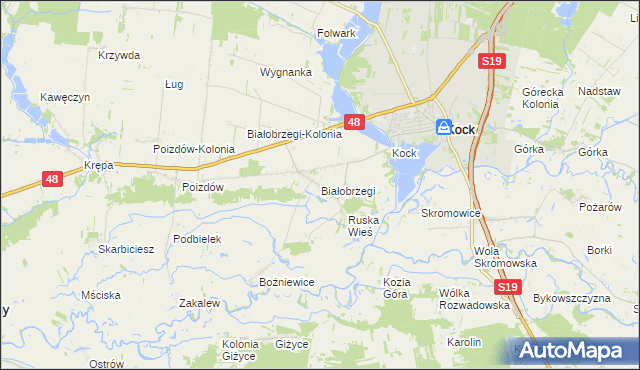 mapa Białobrzegi gmina Kock, Białobrzegi gmina Kock na mapie Targeo