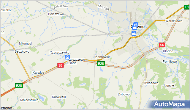 mapa Bobrowice gmina Sławno, Bobrowice gmina Sławno na mapie Targeo