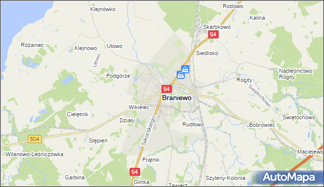 mapa Braniewo, Braniewo na mapie Targeo