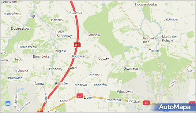 mapa Buczek gmina Brzeziny, Buczek gmina Brzeziny na mapie Targeo