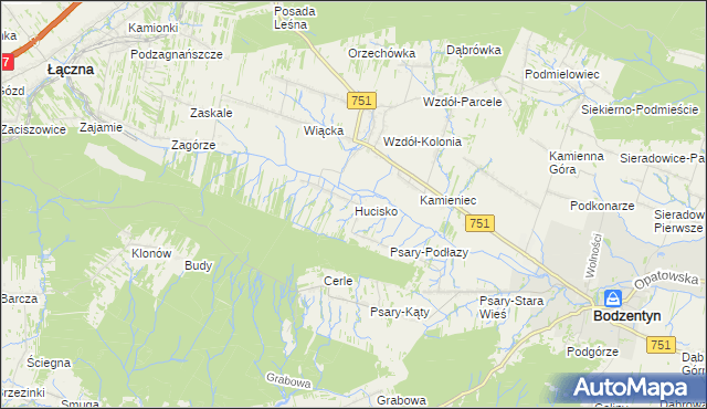 mapa Hucisko gmina Bodzentyn, Hucisko gmina Bodzentyn na mapie Targeo