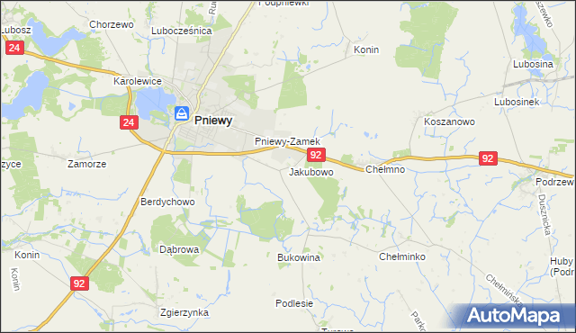 mapa Jakubowo gmina Pniewy, Jakubowo gmina Pniewy na mapie Targeo