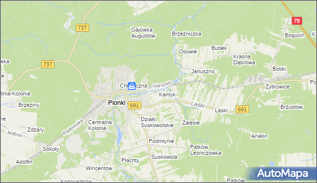 mapa Kamyk gmina Pionki, Kamyk gmina Pionki na mapie Targeo