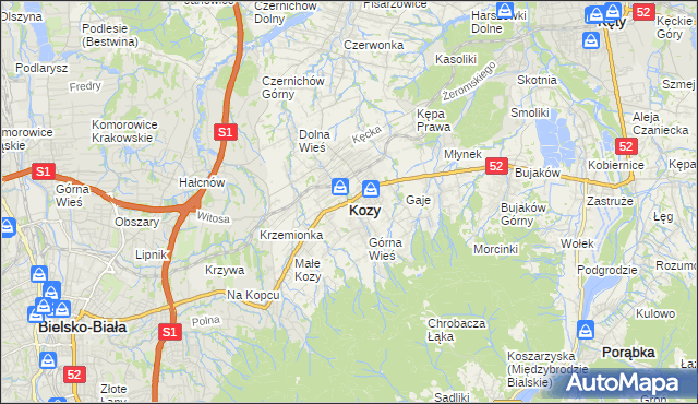 mapa Kozy powiat bielski, Kozy powiat bielski na mapie Targeo