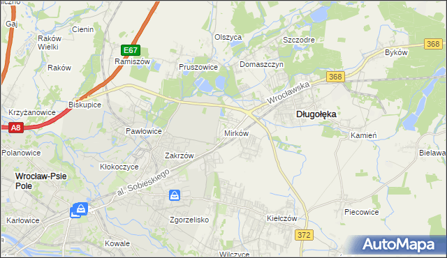 mapa Mirków gmina Długołęka, Mirków gmina Długołęka na mapie Targeo