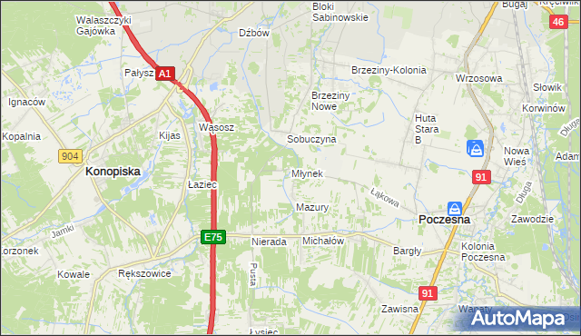 mapa Młynek gmina Poczesna, Młynek gmina Poczesna na mapie Targeo