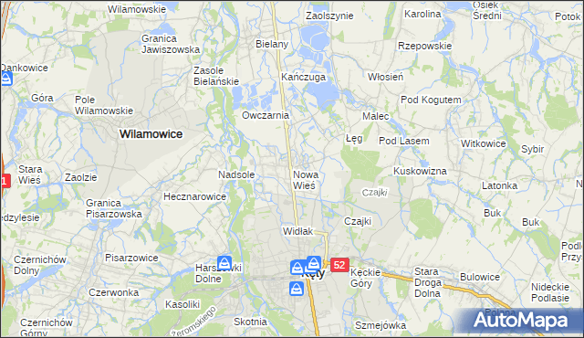 mapa Nowa Wieś gmina Kęty, Nowa Wieś gmina Kęty na mapie Targeo