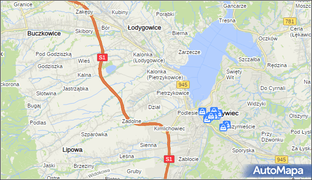 mapa Pietrzykowice gmina Łodygowice, Pietrzykowice gmina Łodygowice na mapie Targeo