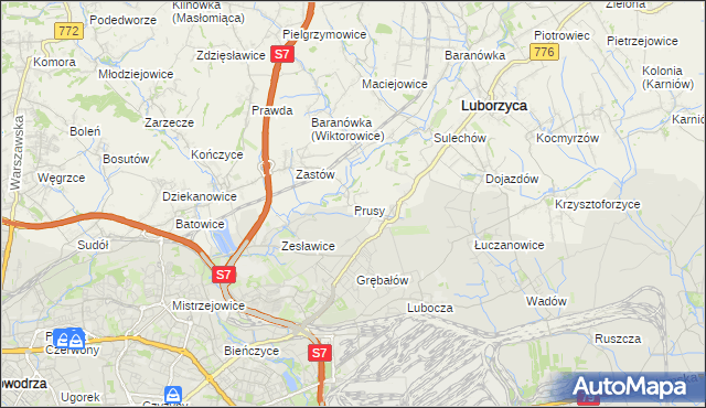 mapa Prusy gmina Kocmyrzów-Luborzyca, Prusy gmina Kocmyrzów-Luborzyca na mapie Targeo