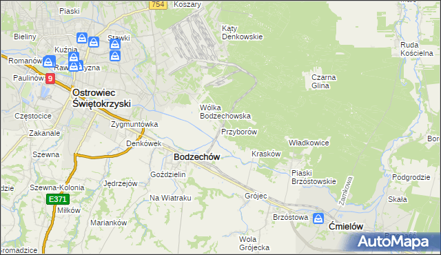 mapa Przyborów gmina Bodzechów, Przyborów gmina Bodzechów na mapie Targeo