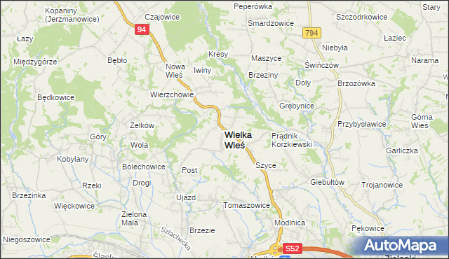 mapa Wielka Wieś powiat krakowski, Wielka Wieś powiat krakowski na mapie Targeo