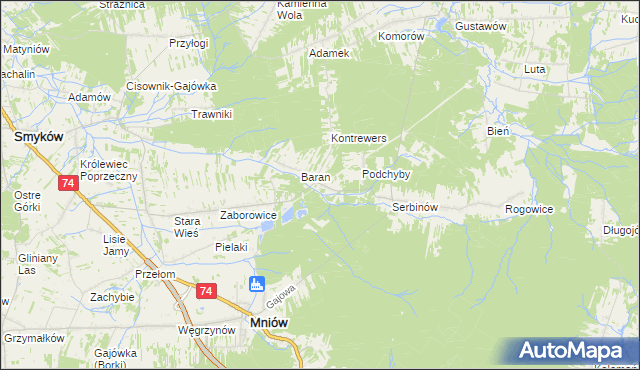 mapa Chyby gmina Mniów, Chyby gmina Mniów na mapie Targeo