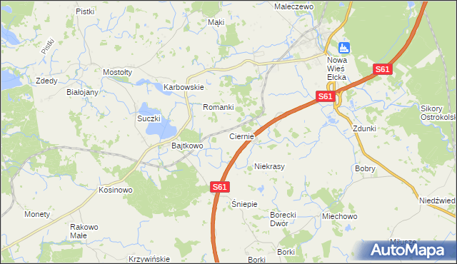 mapa Ciernie gmina Ełk, Ciernie gmina Ełk na mapie Targeo