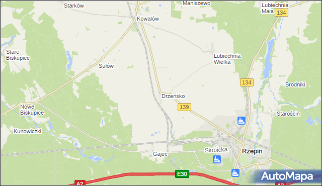 mapa Drzeńsko gmina Rzepin, Drzeńsko gmina Rzepin na mapie Targeo