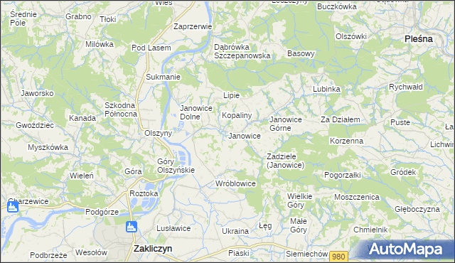 mapa Janowice gmina Pleśna, Janowice gmina Pleśna na mapie Targeo
