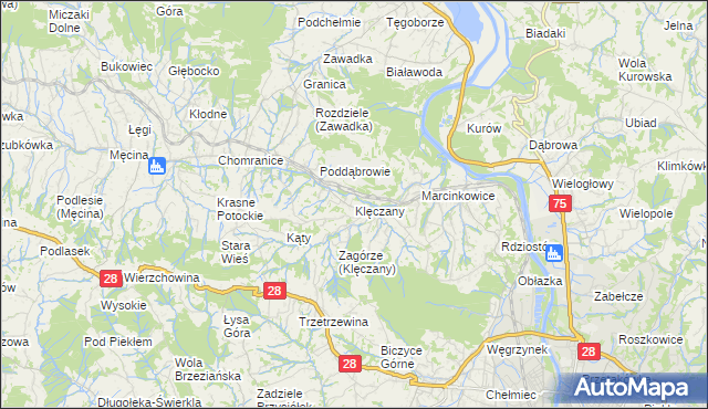 mapa Klęczany gmina Chełmiec, Klęczany gmina Chełmiec na mapie Targeo