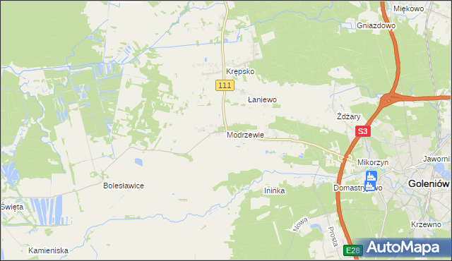 mapa Modrzewie gmina Goleniów, Modrzewie gmina Goleniów na mapie Targeo