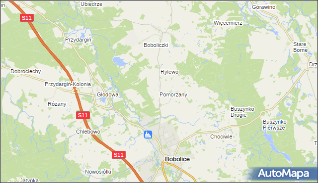 mapa Pomorzany gmina Bobolice, Pomorzany gmina Bobolice na mapie Targeo