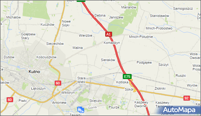 mapa Sieraków gmina Kutno, Sieraków gmina Kutno na mapie Targeo
