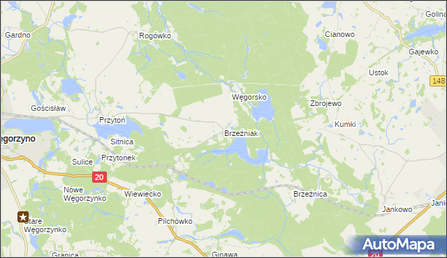 mapa Brzeźniak gmina Węgorzyno, Brzeźniak gmina Węgorzyno na mapie Targeo